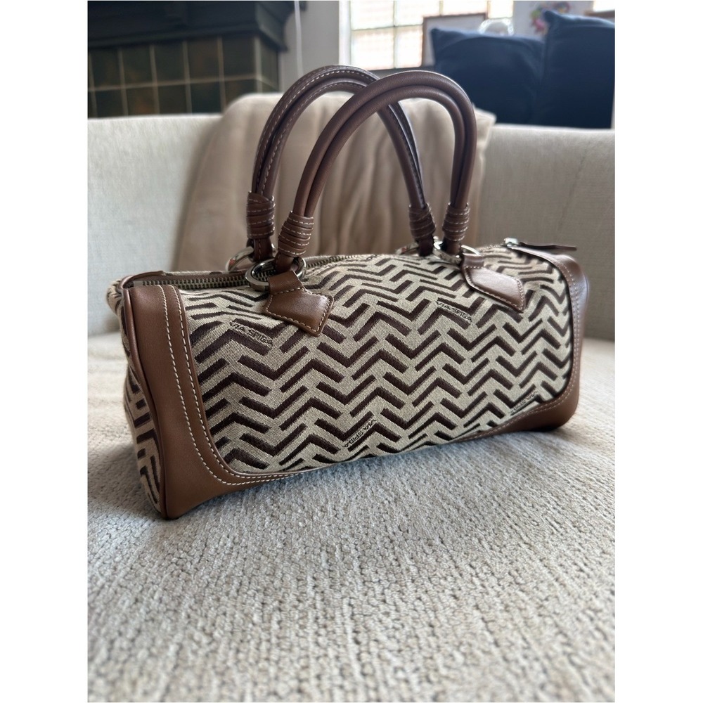 Via Spiga Brown Tan Chevron Canvas‎ Leather Trim Barrel Satchel Handbag